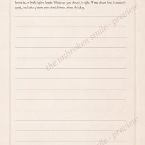 May include: A cream-colored journal page titled The first Mother's Day without her. It includes a prompt about planning the day, followed by ten horizontal lines for writing. A small floral illustration sits in the bottom left corner, and the number 86 is centered at the bottom.