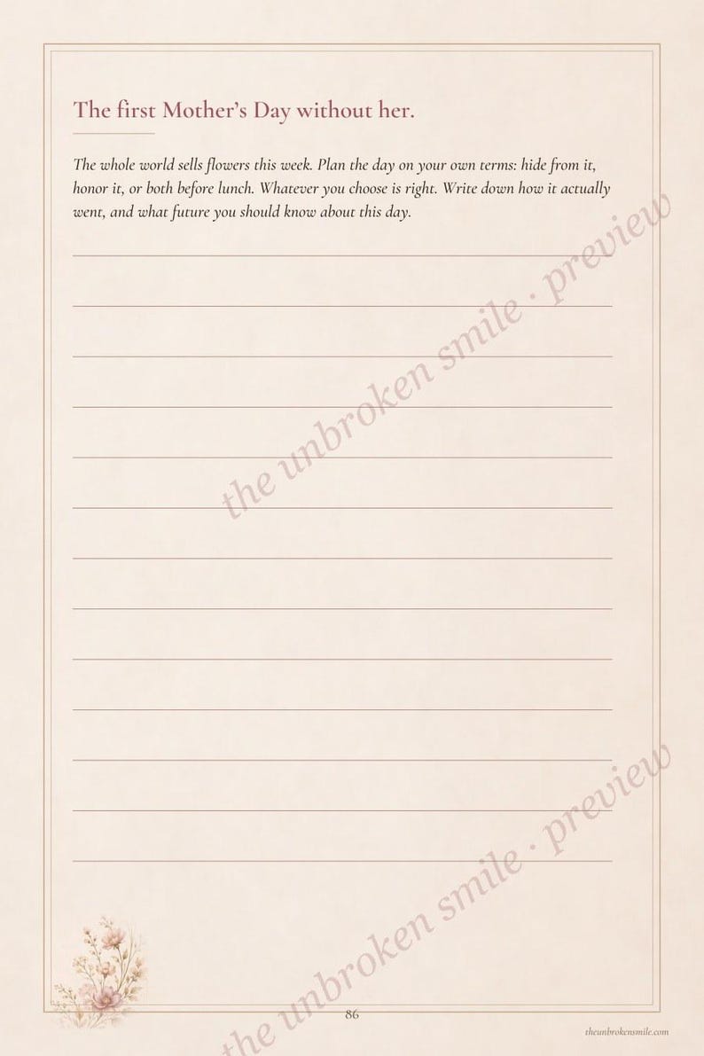 May include: A cream-colored journal page titled The first Mother's Day without her. It includes a prompt about planning the day, followed by ten horizontal lines for writing. A small floral illustration sits in the bottom left corner, and the number 86 is centered at the bottom.