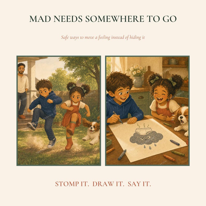May include: A two-panel illustration titled MAD NEEDS SOMEWHERE TO GO. The left panel shows a child in a blue hoodie and a child in a red dress stomping outdoors with a dog. The right panel shows them drawing a sad cloud wearing underwear.