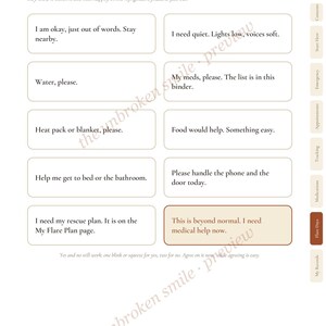 May include: A white page titled Point at This, Flare Days, featuring ten rectangular boxes with black text for communication. Phrases include I am okay, just out of words, Water, please, Heat pack or blanket, please, and This is beyond normal.