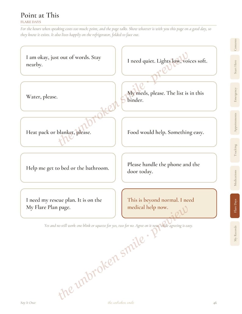 May include: A white page titled Point at This, Flare Days, featuring ten rectangular boxes with black text for communication. Phrases include I am okay, just out of words, Water, please, Heat pack or blanket, please, and This is beyond normal.
