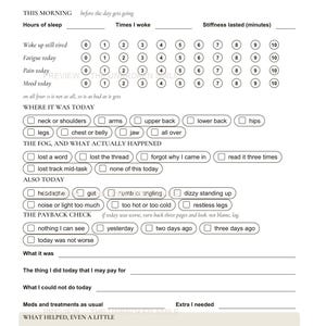 May include: A black and white daily symptom tracker page titled Day 1. It includes sections for sleep, fatigue, pain, and mood ratings from 0 to 10, checkboxes for body areas, cognitive symptoms, physical sensations, and blank lines for notes.