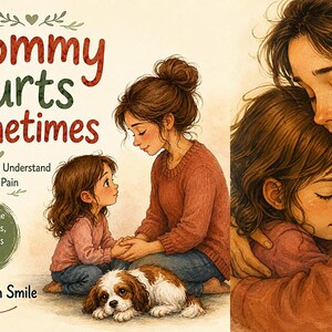 Może przedstawiać: Okładka książki zatytułowana Mommy Hurts Sometimes: Helping Children Understand Chronic Pain, Book 1 of the Little Hearts, Big Feelings Series, The Unbroken Smile. Zawiera ilustrację przedstawiającą rodzica i dziecko z psem.