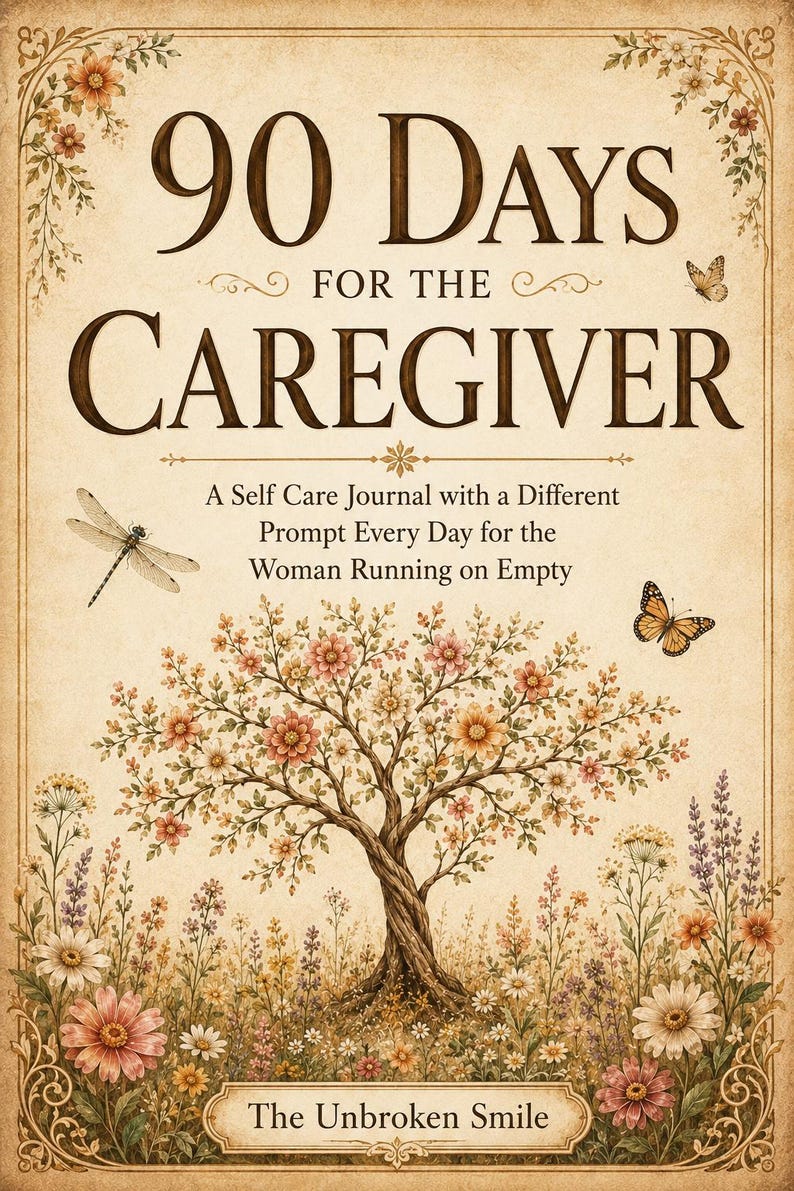 May include: A journal titled 90 DAYS FOR THE CAREGIVER: A Self Care Journal with a Different Prompt Every Day for the Woman Running on Empty. The cover features a central tree with pink and orange flowers, surrounded by wildflowers, a dragonfly, and butterflies.
