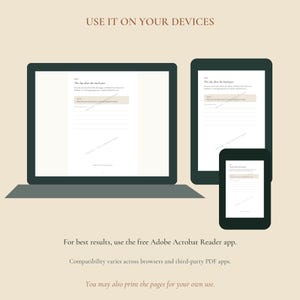 Puede incluir: Un port&aacute;til, una tableta y un smartphone muestran un documento digital con el texto "USE IT ON YOUR DEVICES" en la parte superior. El documento incluye el t&iacute;tulo "The day after the hard part" y un cuadro de texto. Debajo se lee "For best results, use the free Adobe Acrobat Reader app. Compatibility varies across browsers and third-party PDF apps. You may also print the pages for your own use."