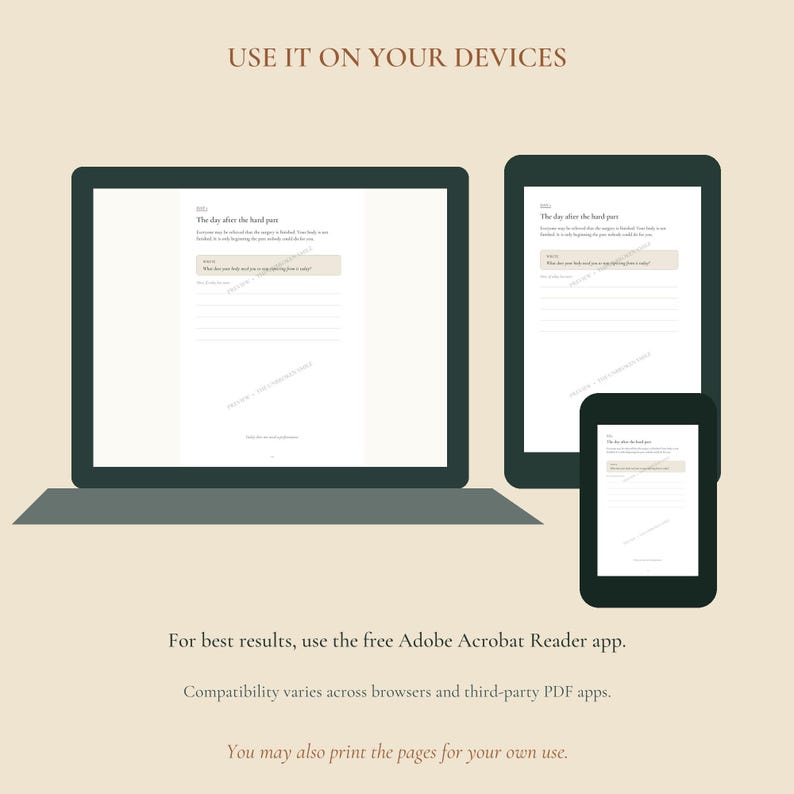 Puede incluir: Un port&aacute;til, una tableta y un smartphone muestran un documento digital con el texto "USE IT ON YOUR DEVICES" en la parte superior. El documento incluye el t&iacute;tulo "The day after the hard part" y un cuadro de texto. Debajo se lee "For best results, use the free Adobe Acrobat Reader app. Compatibility varies across browsers and third-party PDF apps. You may also print the pages for your own use."