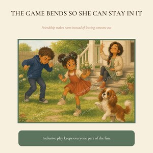 Pu&ograve; includere: Un'illustrazione intitolata THE GAME BENDS SO SHE CAN STAY IN IT, che mostra tre bambini e un cane in un giardino. Un bambino indossa una felpa blu, uno un vestito arancione e uno &egrave; seduto sui gradini, con un cane spaniel marrone e bianco vicino.