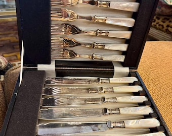 Antique Set of 12 Sheffield Makers Mark M & Co Mother of Pearl Handles