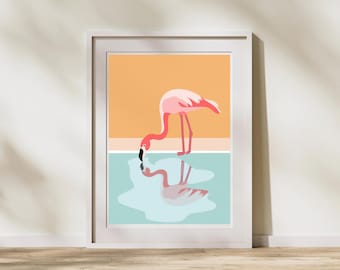 Flamingo Drinking Art Print: Tropical Wall Decor (Digital Download)