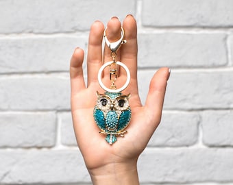 USA KEY CHAIN LARGE Rhinestone Crystal ring owl bird RED SILVER bling cute LARGE