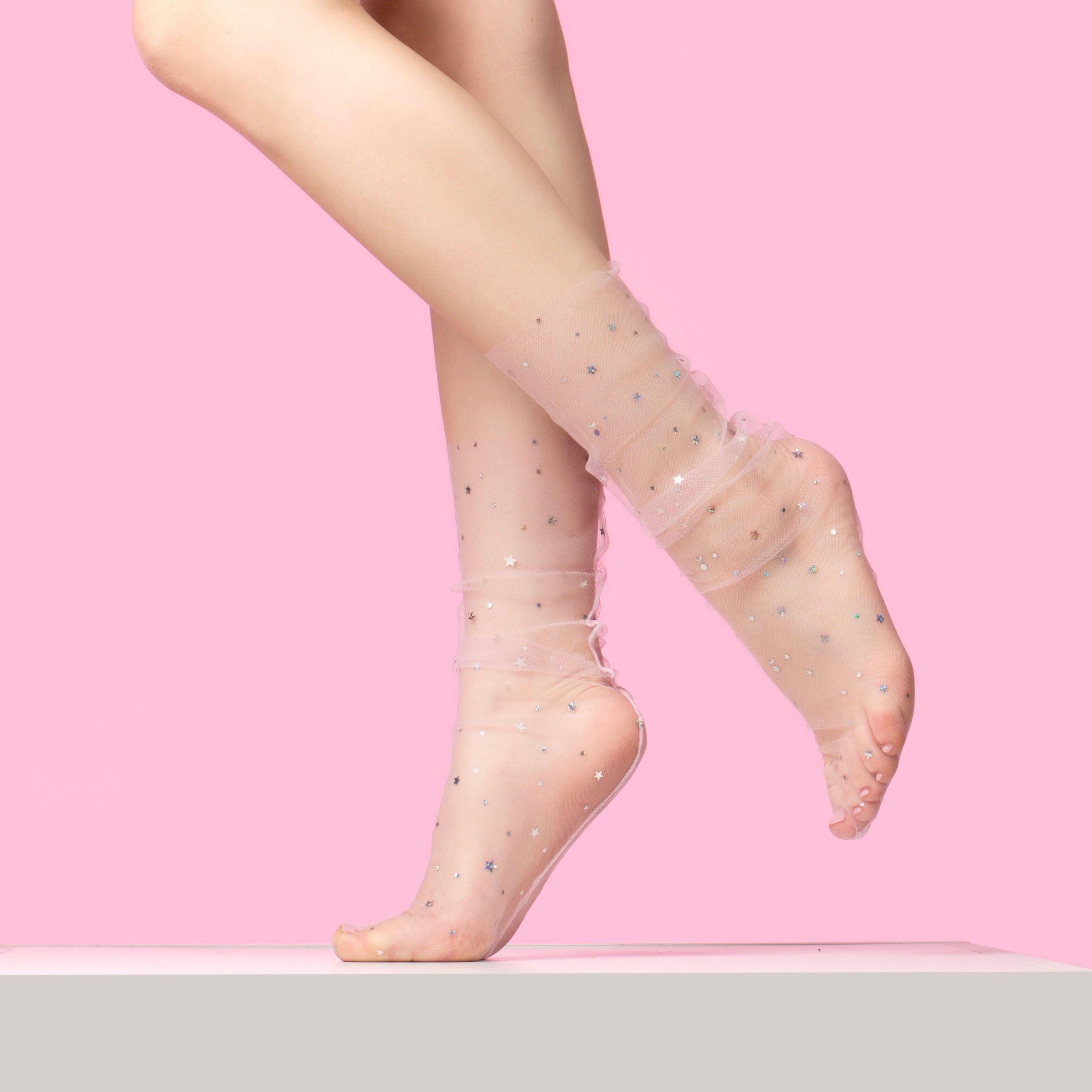 Light Pink Glitter Star Socks Fairy Kei Tulle Socks Lace | Etsy