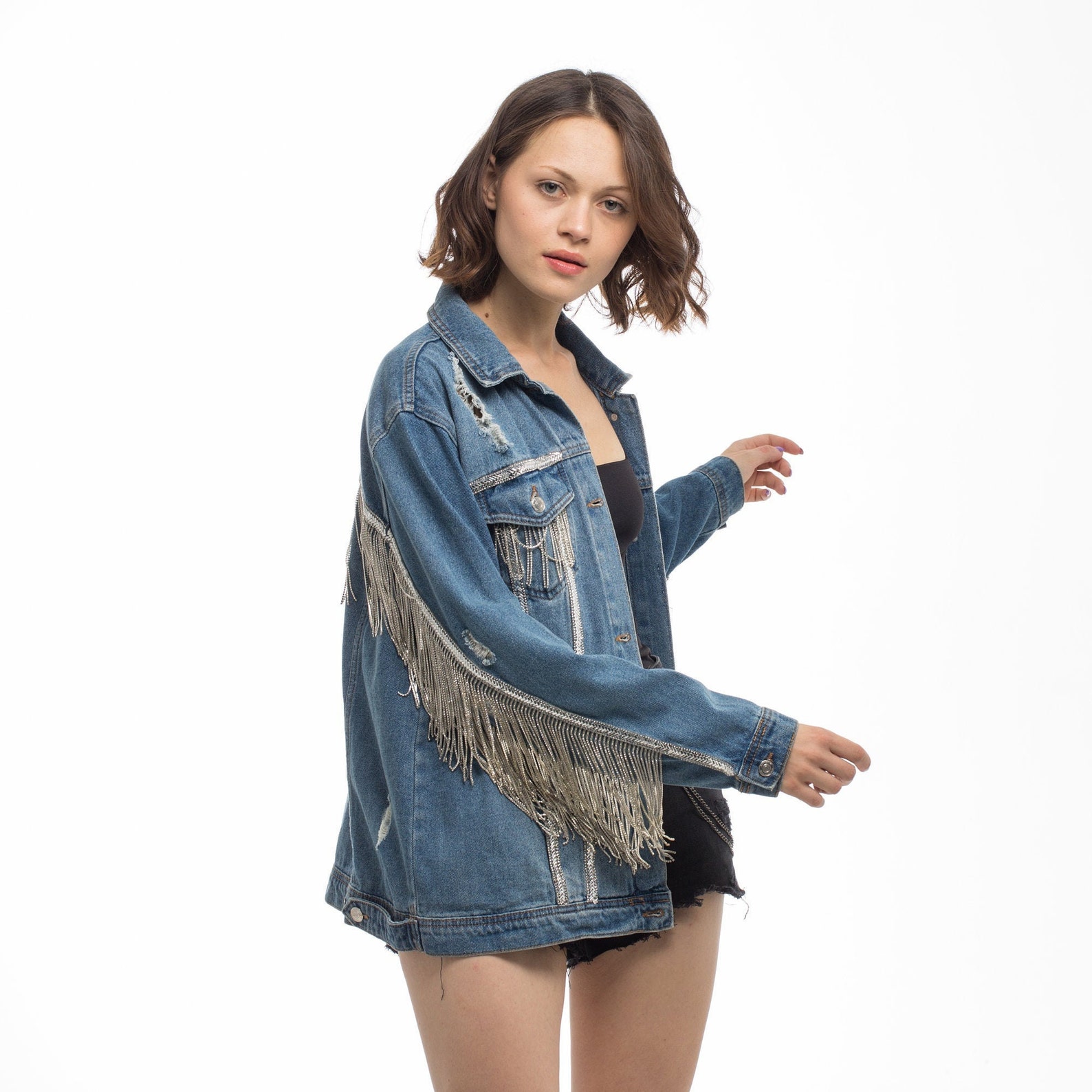 White Fringe Boho Jean Jacket Custom Denim Jacket by Etsy