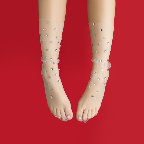 White Star Crystal Tulle Socks Glitter Sheer Stockings | Etsy