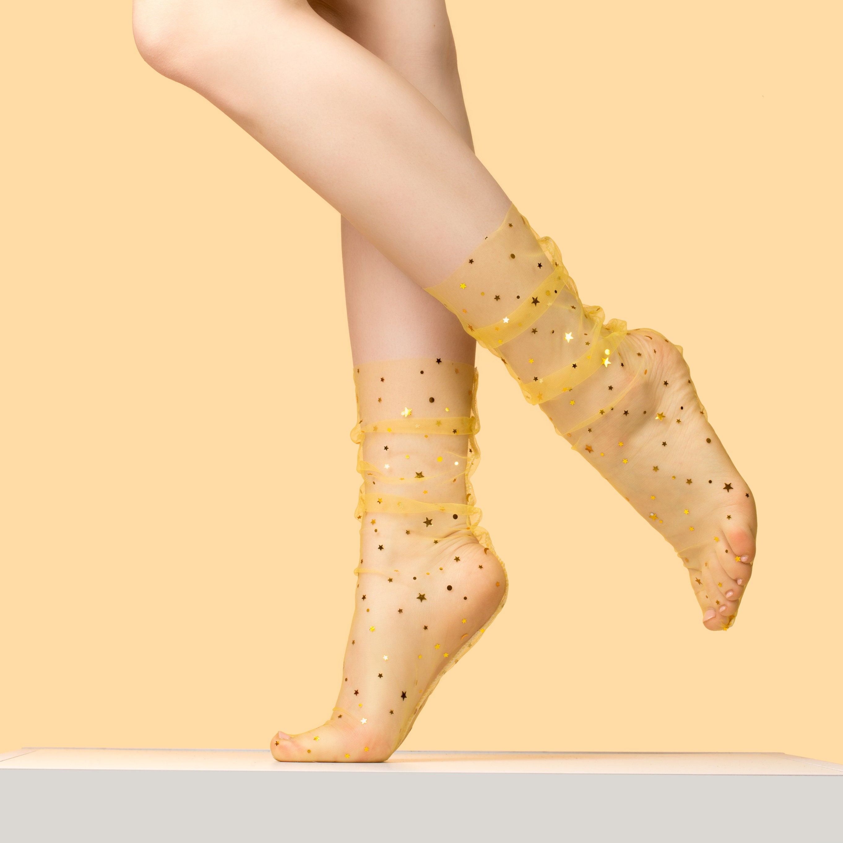 Yellow Glitter Star Socks Tulle Socks Lace Socks Sheer Etsy