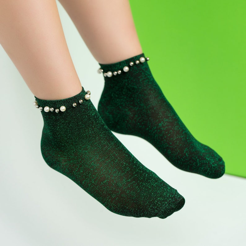 Green Glitter Lurex Socks for Women Fuzzy Socks Aesthetic Etsy