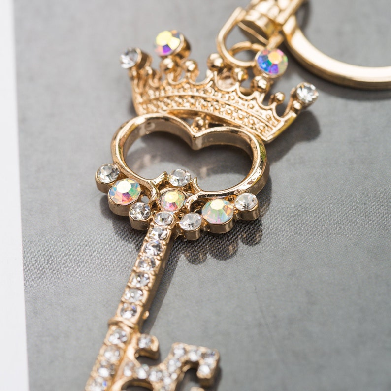 Crown & Key Keychain with Ribbon Gold Key Chain Key Ring Etsy
