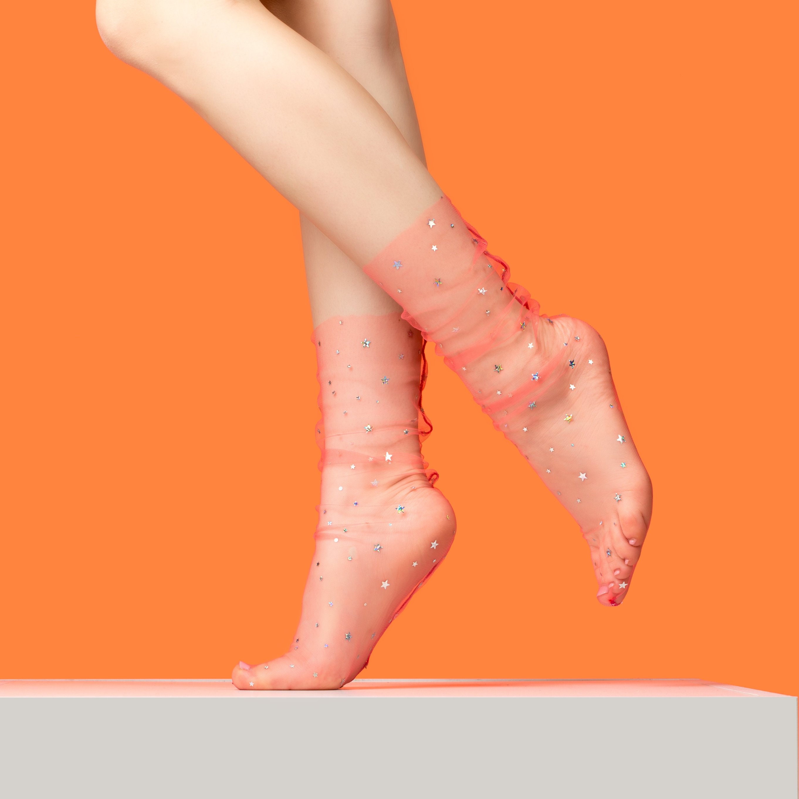 Orange Glitter Star Socks Tulle Socks Lace Socks Sheer Etsy
