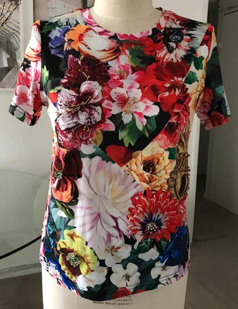 Floral T-Shirt with Hand Sewn Rhinestone image 1