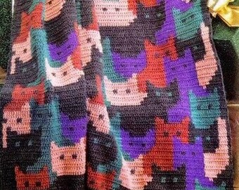 Vintage Crochet Pattern Colorful Interlocking Kitty Cats Afghan PDF Instant Digital Download Cat Lovers Blanket Throw Afghan 50x54 10 Ply
