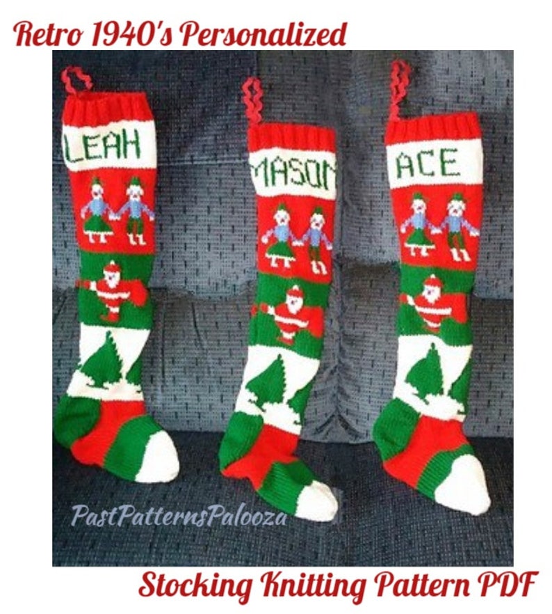 Vintage Christmas Stocking Knitting Pattern Retro Personalized 1940s Nostalgic Design Children Santa Trees PDF Instant Digital Download