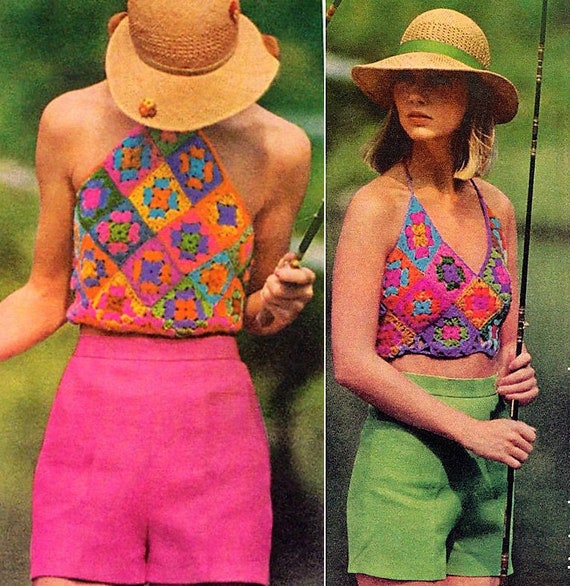 Vintage Crochet Pattern Womens Retro Granny Square Halter Tops