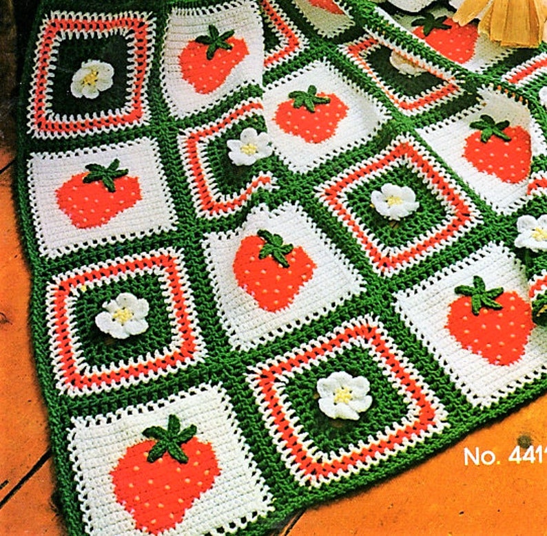 Vintage Crochet Afghan Pattern Strawberries & Rosette Blossoms Etsy