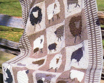 Vintage Knitting Pattern Knit Sheep Lambs Sheepdog Afghan Blanket PDF Instant Digital Download Barnyard Animals Farmhouse Chic 48x72