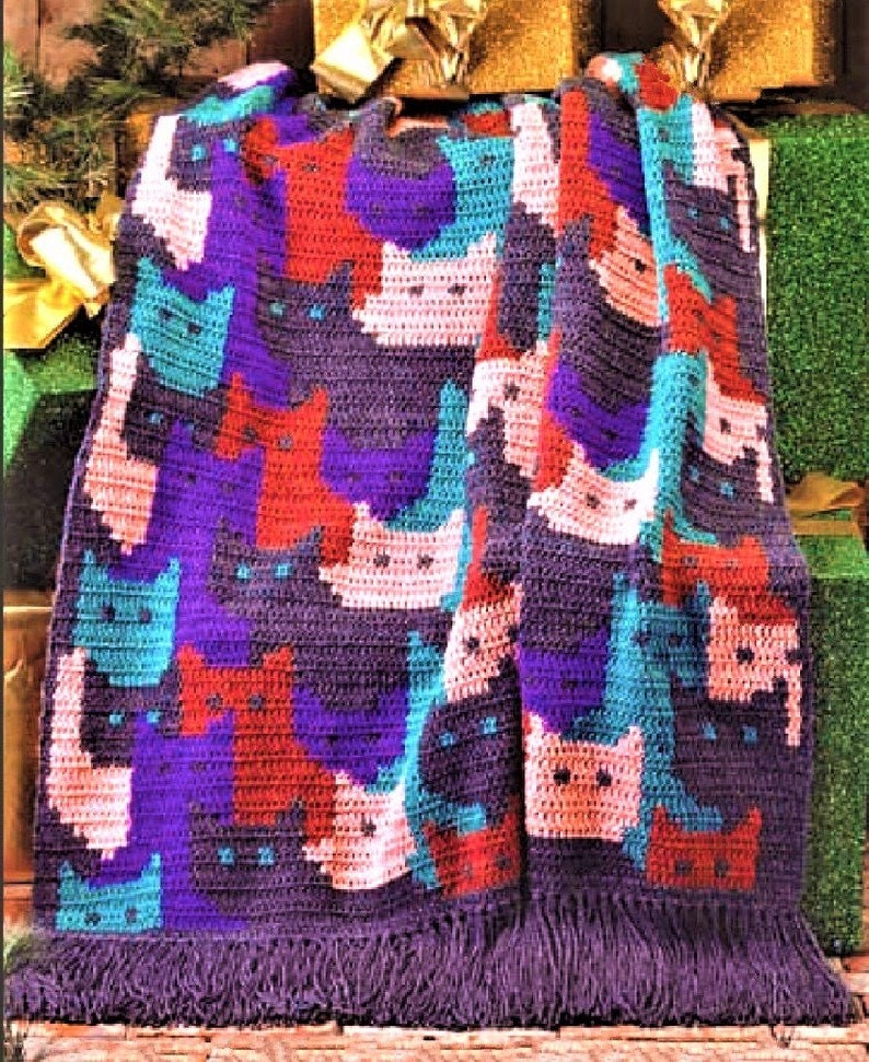 Vintage Crochet Pattern Colorful Interlocking Kitty Cats Afghan PDF I…
