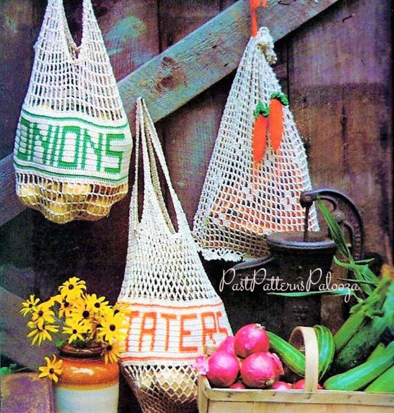 Vintage Crochet Pattern Mesh Produce String Bags Onions Taters Etsy