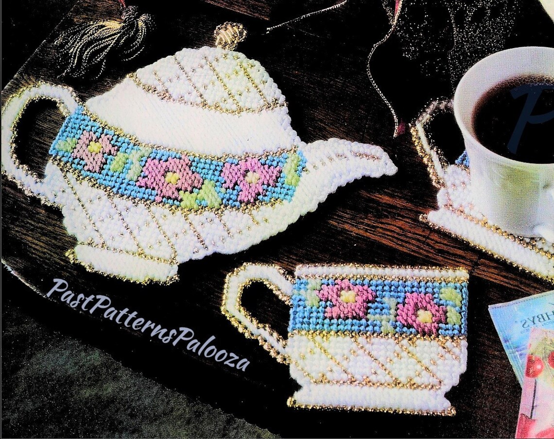 Vintage Plastic Canvas Pattern Floral Teacup Teapot Coasters | Etsy