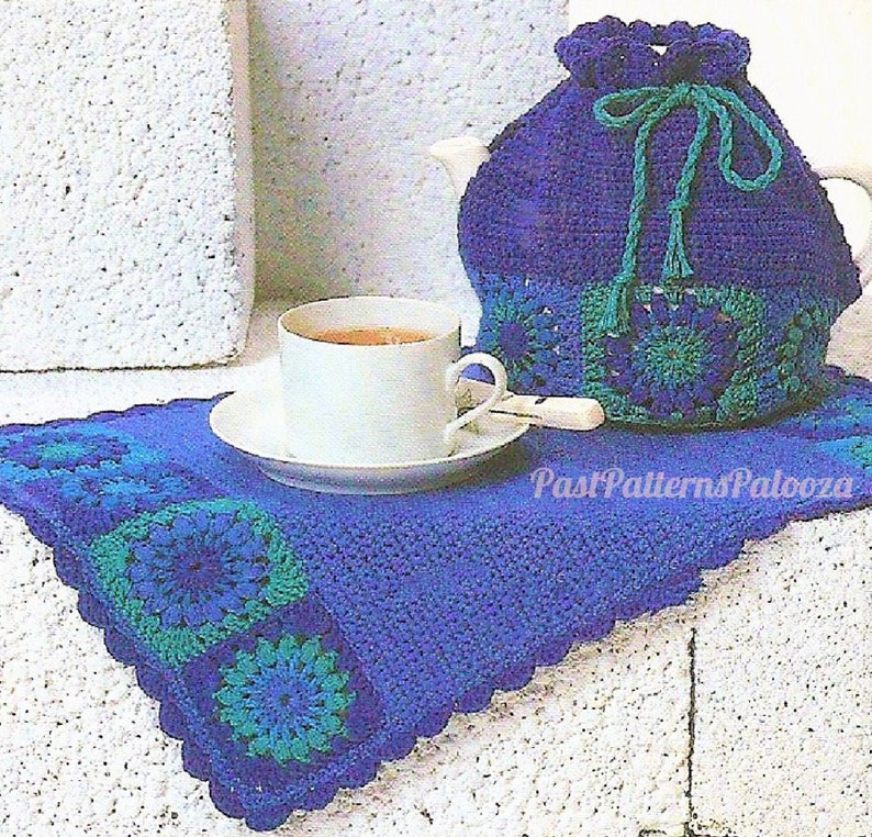 Vintage Crochet Pattern Granny Square Placemat Tea Cozy Set Puff Stitch