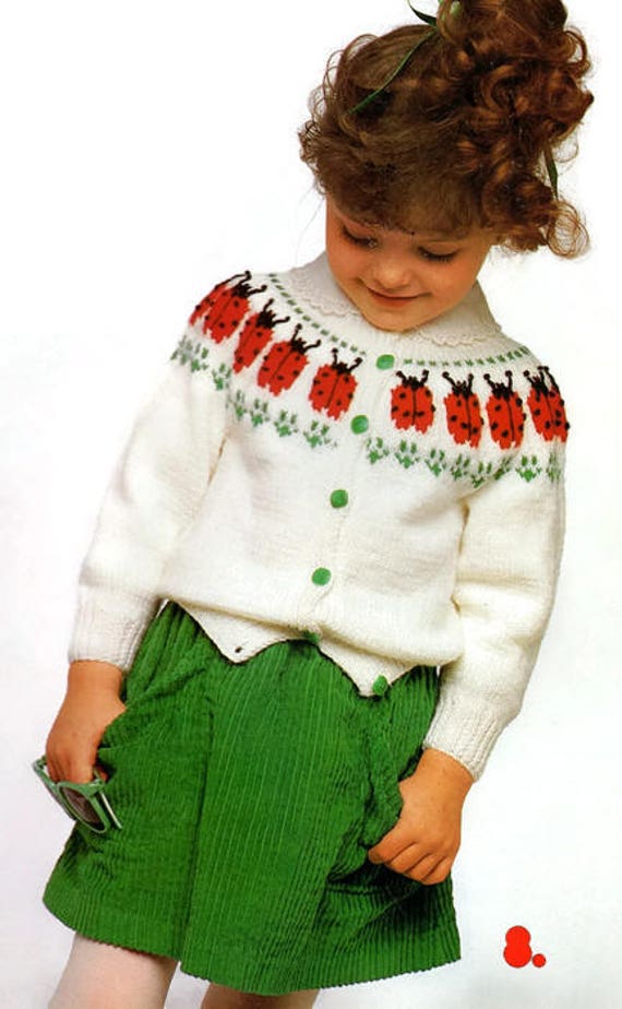 Vintage Baby Toddler Kids Knit Ladybug Sweater Knitting Pattern Pdf Instant Digital Download Retro Ladybug Motif Cardigan Sweater 12m 4t