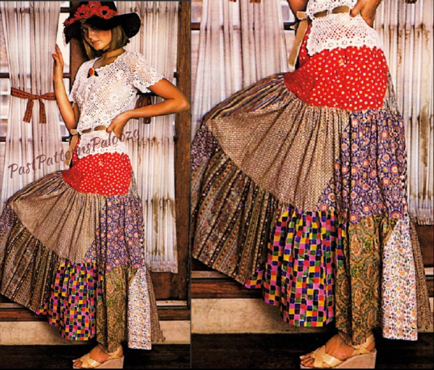 Vintage Sewing Pattern Womens Tiered Peasant Patchwork Maxi Skirt PDF…