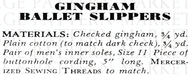 Vintage Sewing Pattern Pretty Womens Gingham Ballet House Slippers PDF Instant Digital Download Slip On Flats One Size