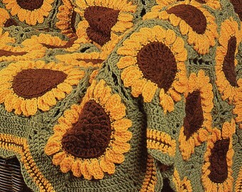 Vintage Crochet Sunflowers Afghan Pattern PDF Instant Digital Download Beautiful Sun Flower Garden 59x87