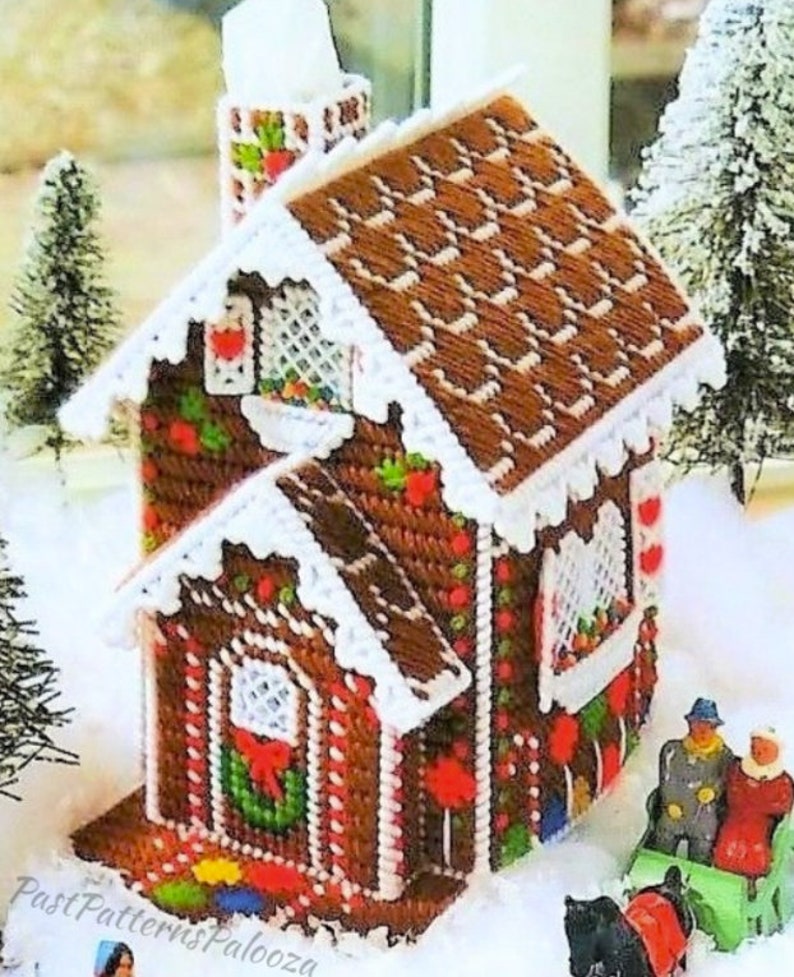 Vintage Plastic Canvas Pattern Snowy Gingerbread House Tissue | Etsy