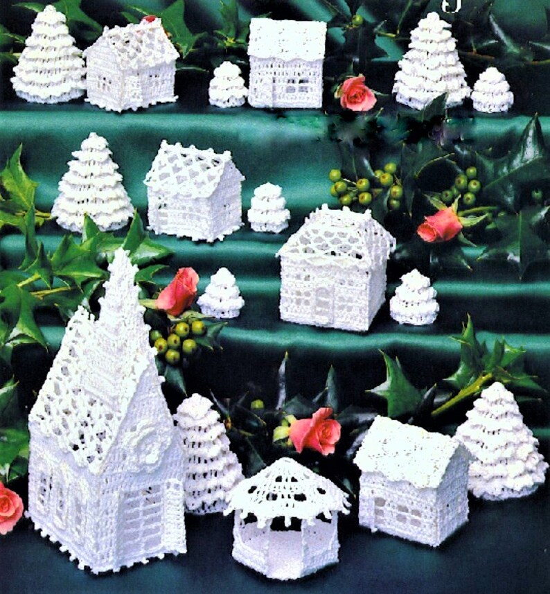 Vintage Crochet Pattern Lacy Christmas Village White Thread Crochet Town PDF Instant Digital Download Centerpiece or Mantel Decor