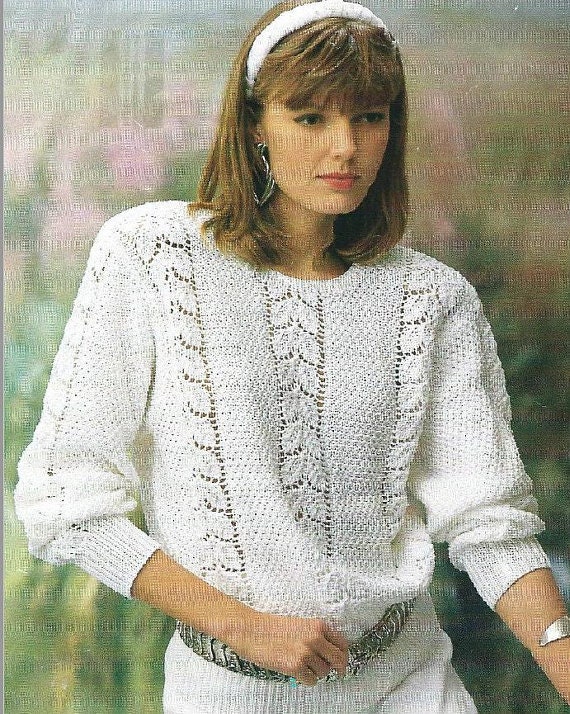 Vintage Knitting Pattern Womens Knit Seed Stitch Openwork Cables Sweater Pdf Instant Digital Download Long Sleeved Jumper 5 Ply Cotton