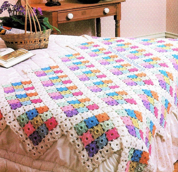 Vintage Crochet PATTERN MOTIF BLOCK Flower Qu Bedspread