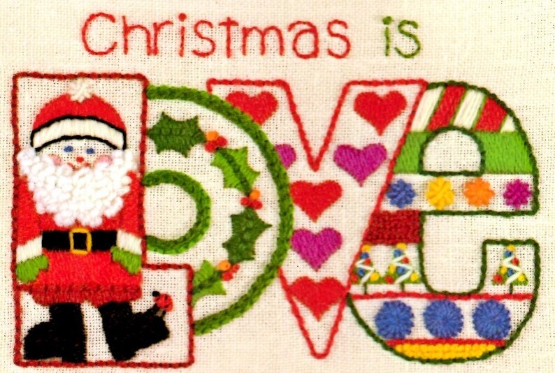 Vintage Crewel Embroidery Christmas is Love Pattern Retro Etsy