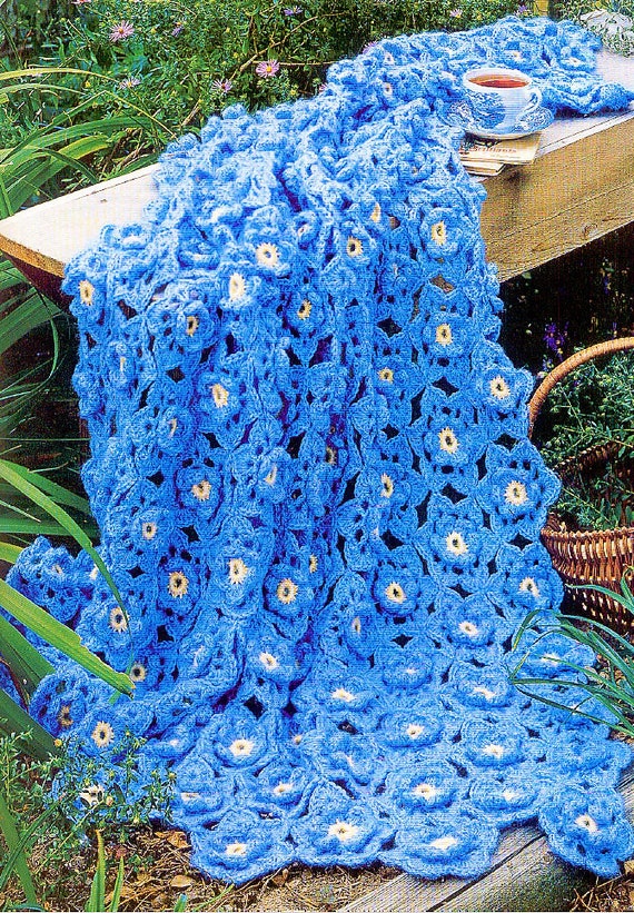 Afghan PDF Vintage Crochet Pattern Lacy Flowers Worsted