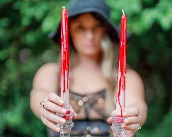 Dripping blood taper candle sticks set of two