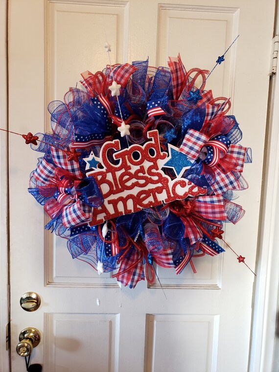 Patriotic 4th Of July Deco Mesh Wreath Etsy