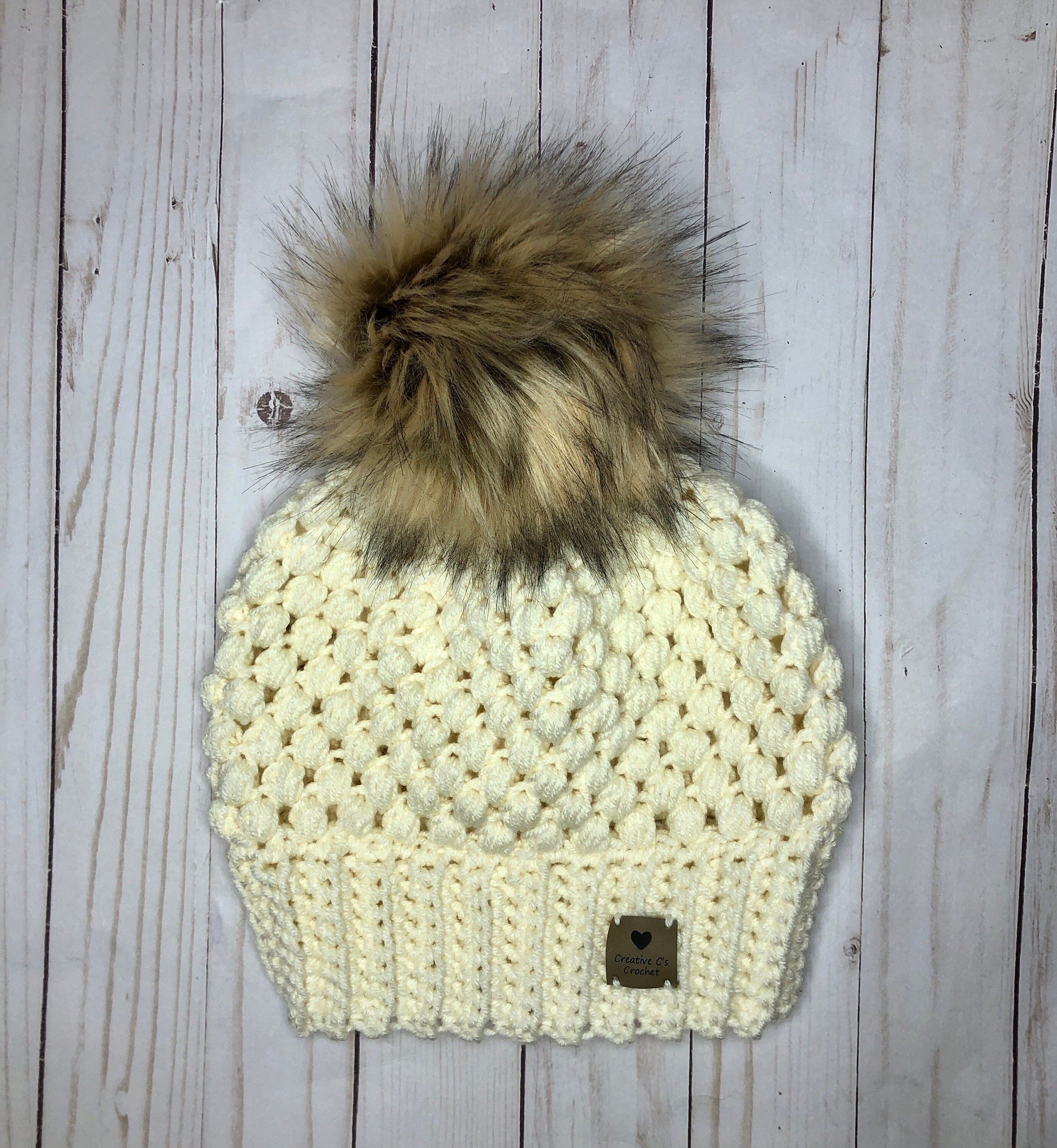 Adult Beanie With Tan Faux Fur Pom 