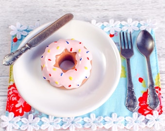 Mini Shabby Chic Floral Placemat and SilverwareTable Setting Set, Play Food Pink Sprinkles Donut, Doll Dining Dishes
