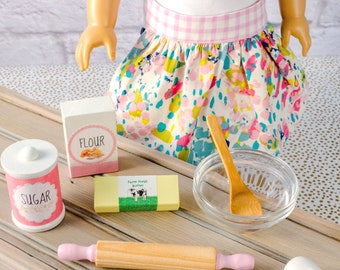 Doll Baking Set, Half Apron, 18 Inch Doll Kitchen Accessories, Mini Play Food , Little Girl Gift