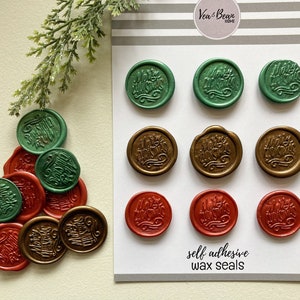 Selos de cera autoadesivos para cartões de Natal/feriado – "Feliz Natal" (feito à mão) Multicolorido - Vermelho, verde e dourado Descasque e cole