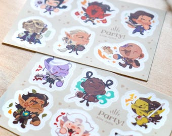 May include: Two sheets of stickers featuring cartoon characters with different expressions. The stickers are on a beige background with white hearts. The text "Party!" is written on both sheets.