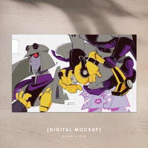 May include: Digital art print depicting robot characters in grey, yellow, and purple. One character has the text "WANNA WRESTLE?" and the initials "JA". The print is labelled "(DIGITAL MOCKUP)" and "ALISA AYDIN".