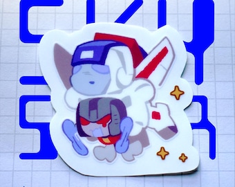 May include: A white sticker featuring a cartoon illustration of two robot characters. One is white with red and blue accents, the other is gray and red. The sticker has a blue border with the word "SKY STAR" and the artist's name.
